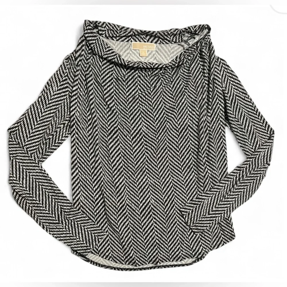MICHAEL KORS SIZE M Black and White Herringbone Long Sleeve Top
